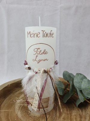 Taufkerze Rustikkerze -Boho-Stil- Mädchen Weiß-Rosegold - romantisch